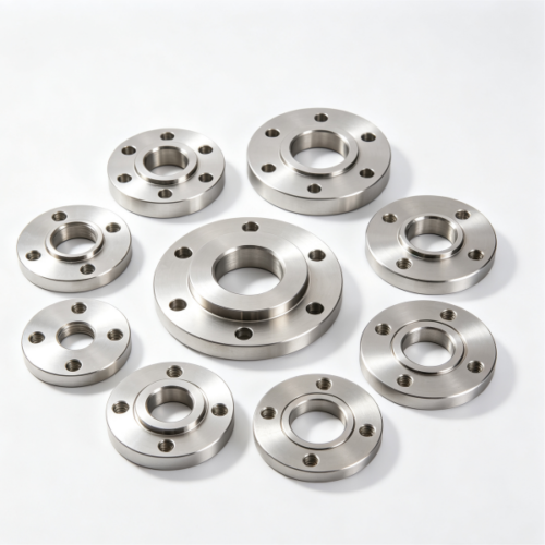 Custom machined flange and disc parts in aluminum and steel, arranged as a group on a white background
