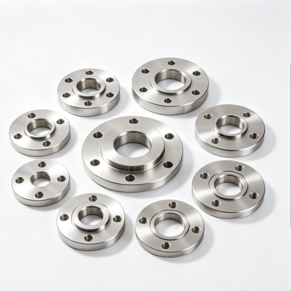 243 Custom machined flange and disc parts in aluminum and steel, arranged as a group on a white background