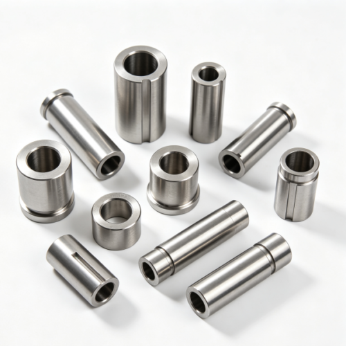 Custom machined bushing and sleeve parts in steel, with inner bores and stepped faces