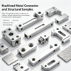 Machined metal connector and structural samples in aluminum and steel on a white background
