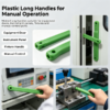 Green plastic long handles fitted to an equipment door, an instrument panel and a fixture