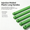 Injection molded plastic long handles in green, with connecting holes at both ends