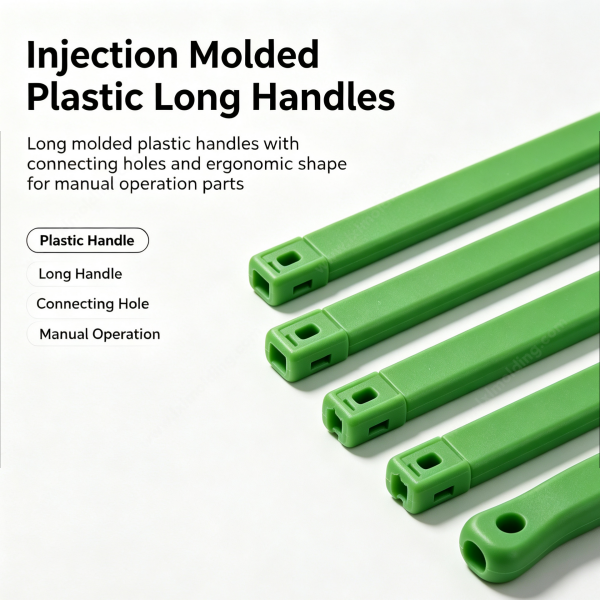 Injection molded plastic long handles in green, with connecting holes at both ends