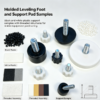 Molded custom leveling foot and support pad samples beside black and white plastic pellets