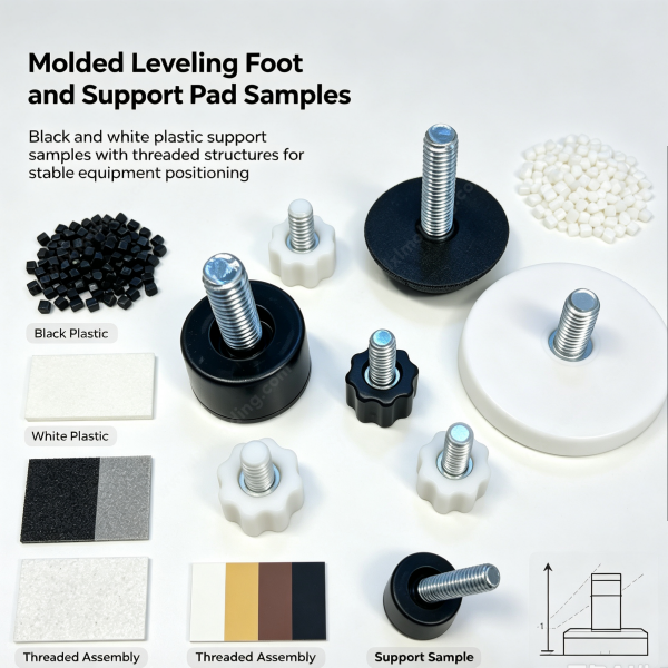 248 (1) Molded custom leveling foot and support pad samples beside black and white plastic pellets