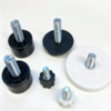 Custom leveling foot samples in black and white plastic with threaded studs, shown as a group