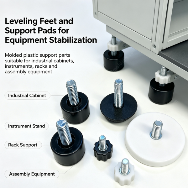 248 (4) Custom leveling feet fitted under an industrial cabinet, instrument stand, rack support and assembly equipment