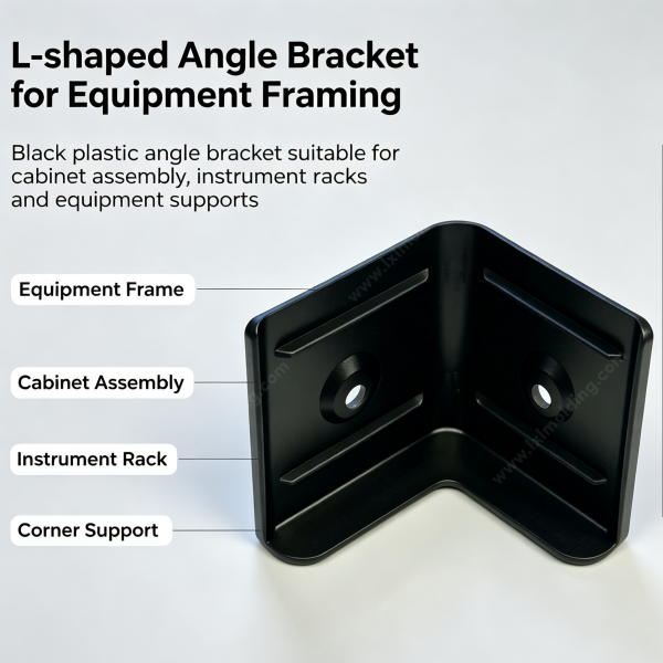 250 (2) Black plastic L-shaped angle bracket fitted for cabinet assembly, instrument racks and corner support
