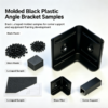 Molded black plastic angle bracket samples with black pellets and glass fiber material cards
