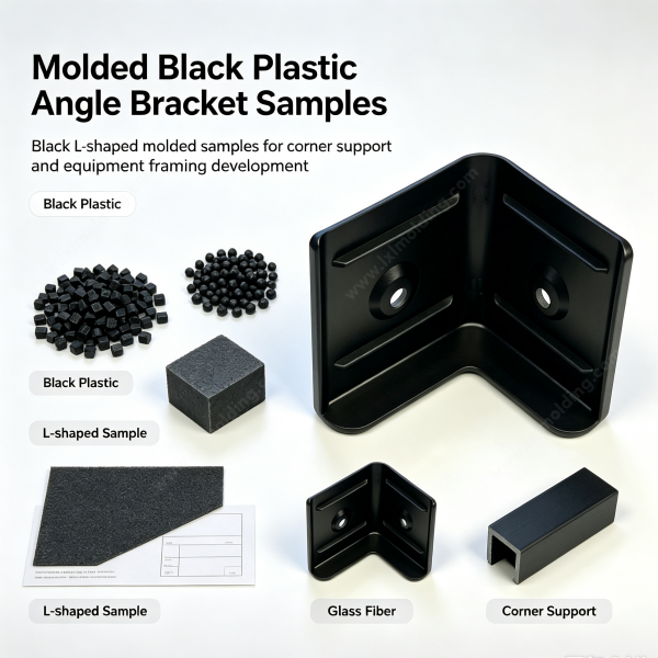 250 (4) Molded black plastic angle bracket samples with black pellets and glass fiber material cards