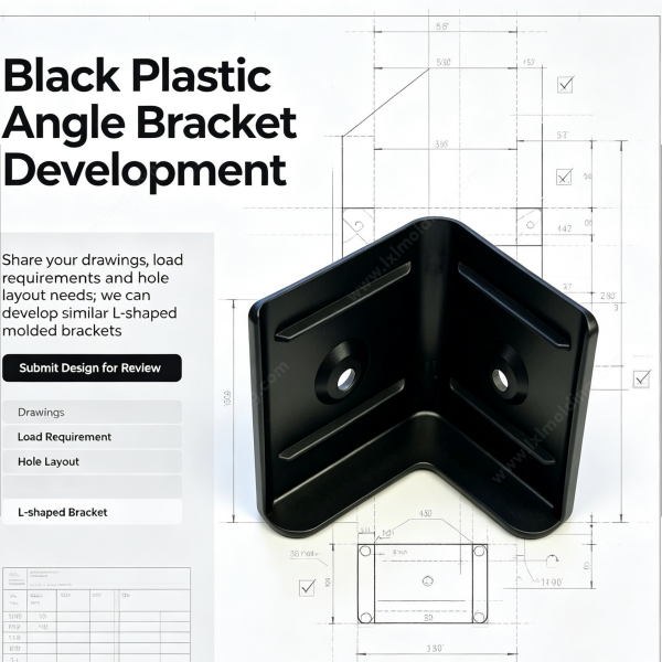 Black plastic angle bracket development layout with load, hole layout and bracket dimensions