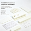 Molded white double-hole connecting plate samples with white pellets and a dimension check card