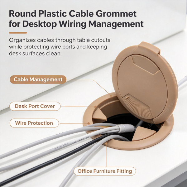 253 (2) Round plastic cable grommet managing cables through a desk cutout with the flip cover open