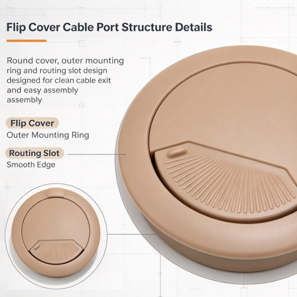 253 (3) Flip cover cable port structure details showing the round cover, outer mounting ring and routing slot