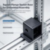 Square flange socket base fitted for embedded assembly in an equipment frame with bracket support