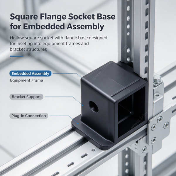 254 (1) Square flange socket base fitted for embedded assembly in an equipment frame with bracket support