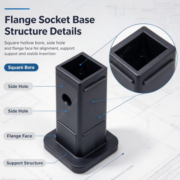 254 (2) Flange socket base structure details showing the square bore, side hole and mounting flange face