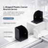 Molded corner connector series shown as right angle connectors for furniture, cabinet and frame support