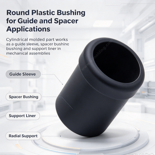 Round plastic bushing shown for guide sleeve, spacer bushing, support liner and radial support duties