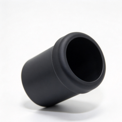 Custom round sleeve in black, a molded cylindrical tube with a rolled top lip on a white background