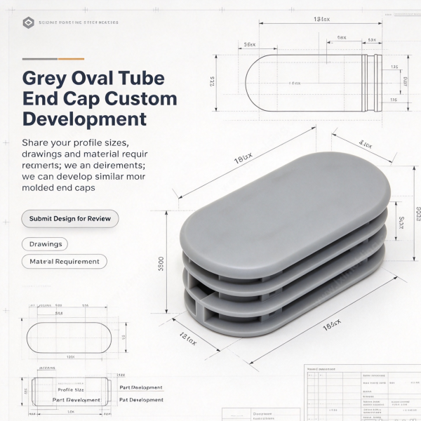 Grey oval tube end cap custom development layout with profile size, material requirement and part development