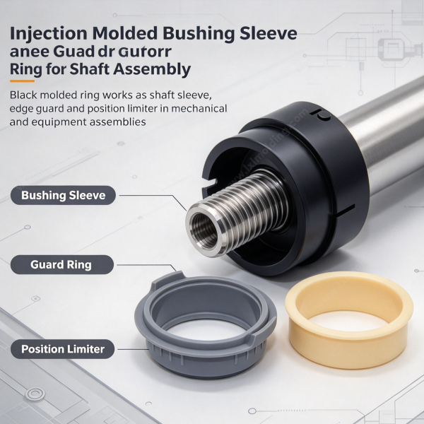 261 (2) Injection molded bushing sleeve and guard ring fitted on a threaded shaft for shaft assembly