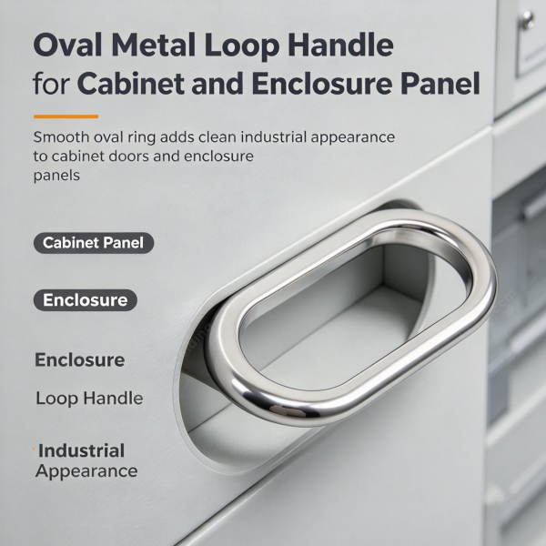 262 (4) Oval metal loop handle shown on a cabinet panel and enclosure panel with a smooth oval ring
