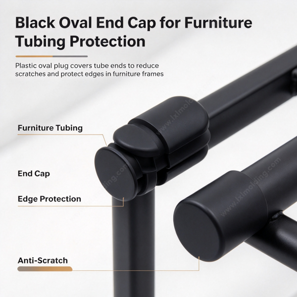 263 (3) Black oval end cap shown on furniture tubing for end cap edge protection and anti-scratch use