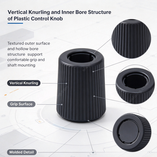 265 (5) Vertical knurling and inner bore structure of the plastic control knob, with grip surface detail