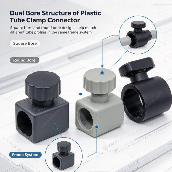 266 (2) Dual bore structure of the plastic tube clamp connector, with a square bore and a round bore body