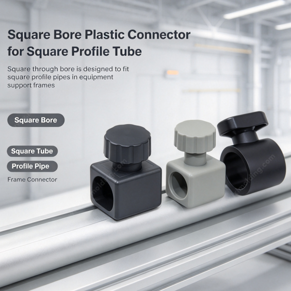 266 (4) Square bore plastic connector for square profile tube in an equipment support frame