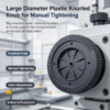Large diameter plastic knurled knob shown for manual tightening on industrial equipment, with anti-slip grip
