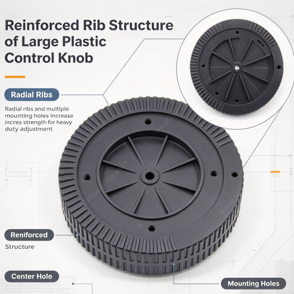 269 (4) Reinforced rib structure of the large plastic control knob, with the radial ribs and mounting holes labelled