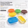 Plastic food storage container series sample development layout with size, colour requirement and development