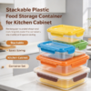 Stackable plastic food storage container for a kitchen cabinet, shown as a space saving container set