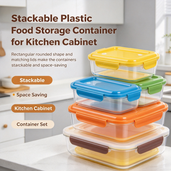 Stackable plastic food storage container for a kitchen cabinet, shown as a space saving container set