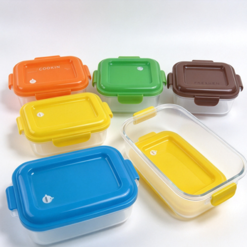 Plastic food storage container set in clear with coloured lids, a stackable container set on a white background
