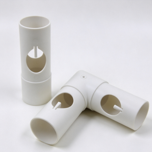 Plastic stop sleeve in white, a molded open slot sleeve with a top shoulder on a white background