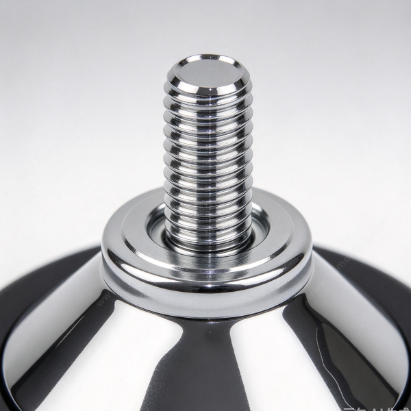 Chrome leveling foot threaded stud detail, showing the plated thread and the collar above the cover shell