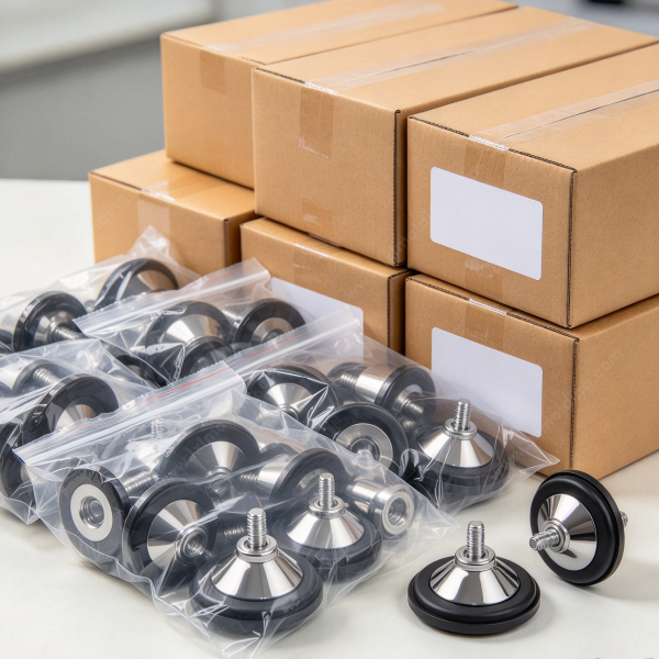 275 (3) Chrome leveling feet packed in bags and cartons, ready for bulk shipment from the molding factory