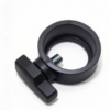 Clamp collar in black with a knurled metal thumbscrew, a molded ring for a tube or a shaft on a white background