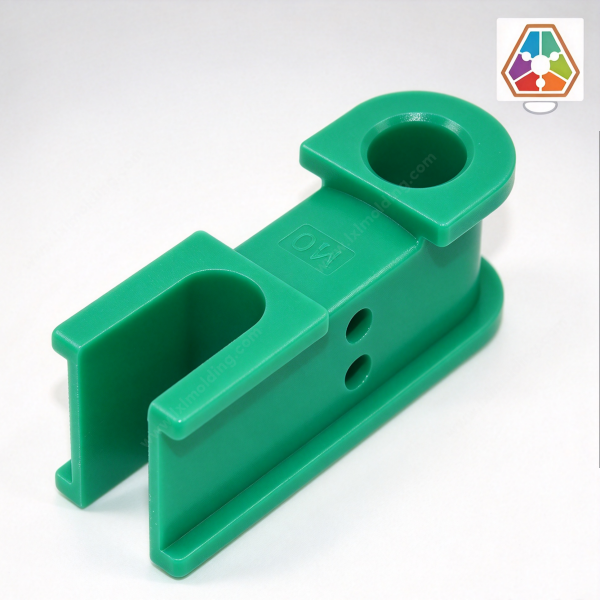 U-shaped bracket at an angle, with the open channel, the two pin holes and the base rail in view