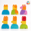 Stacking blocks range in six colour and size combinations, with orange, red, green, purple and blue pieces in a grid