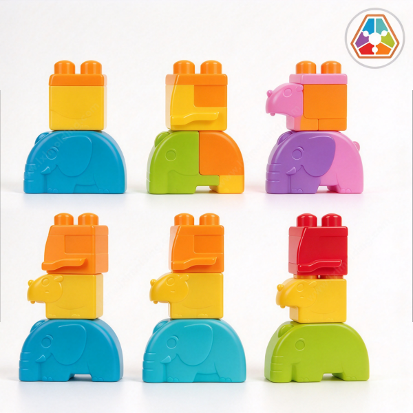 Stacking blocks range in six colour and size combinations, with orange, red, green, purple and blue pieces in a grid