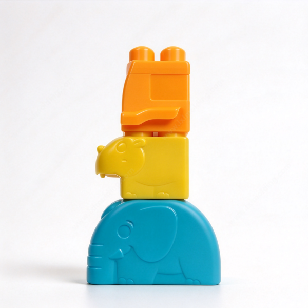 281 Stacking blocks set in orange, yellow and blue, a molded stud block stacked on an animal body on a white background