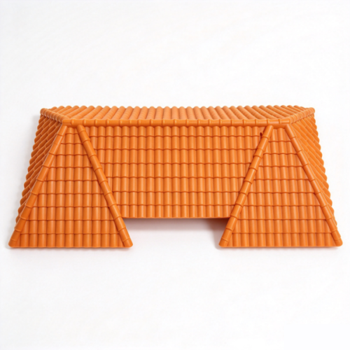 Miniature roof in orange, a molded two-slope roof shell with a beaded ridge cap on a white background