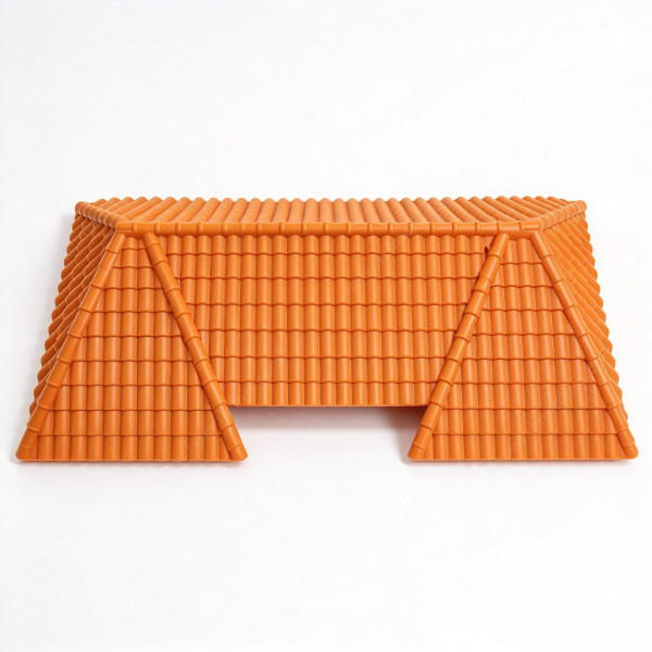 282 Miniature roof in orange, a molded two-slope roof shell with a beaded ridge cap on a white background