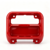 Red glossy plastic device enclosure with rectangular cutout window, four round mounting holes and inner snap-fit clips