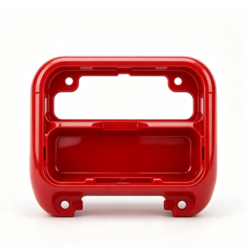 Red glossy plastic device enclosure with rectangular cutout window, four round mounting holes and inner snap-fit clips