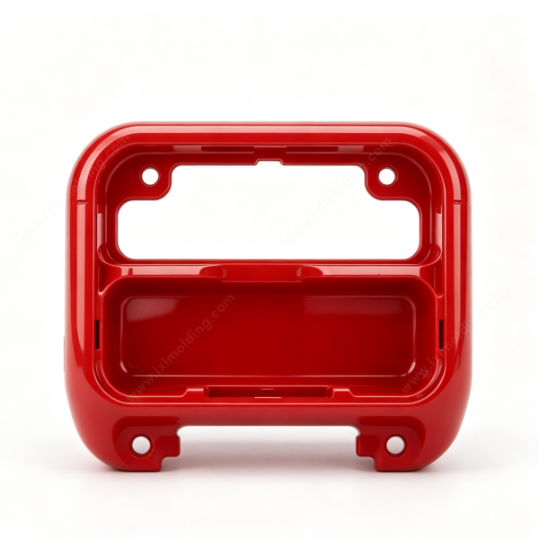 69 Red glossy plastic device enclosure with rectangular cutout window, four round mounting holes and inner snap-fit clips